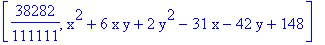 [38282/111111, x^2+6*x*y+2*y^2-31*x-42*y+148]
